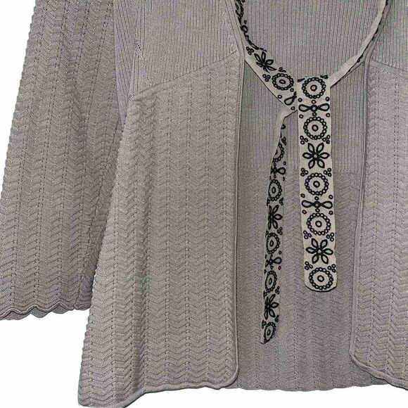 SIGRID OLSEN Cardigan Wmn Size S Silk Cotton Ribbed Embroidered Tie Front Beige - Picture 2 of 10